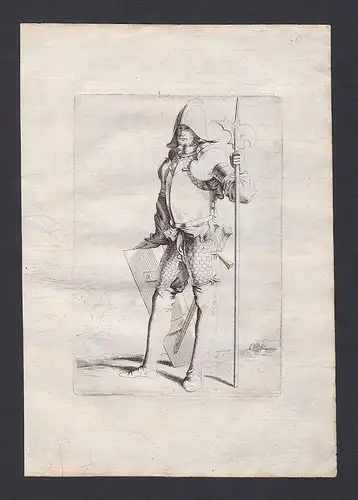 Seltene Original-Radierung von einem Soldat mit Axt und Schild / rare original etching of a soldier - Kupferst