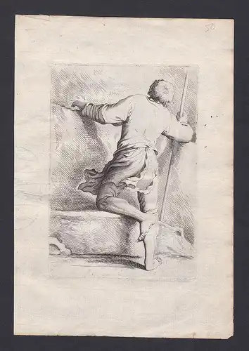 Seltene Original-Radierung von einem Mann mit Stab auf einem Felsen - Kupferstich