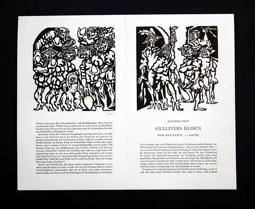 Drei Originallinolschnitte von Hermet Ripe zu Jonathan Swift Gullivers Reisen
