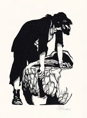 (Mann mit Axt) Original-Linolschnitt von Eduard Prüssen zu Daniel Defoe Robinson Crusoe