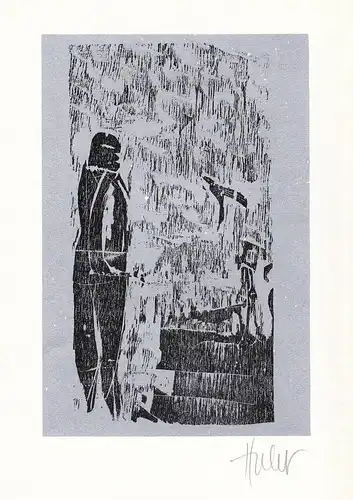 Original-Zweifarben-Holzschnitt von Dieter Huthmacher. Titelbild seines Holzschnittbuches Das Märchen vom Vog