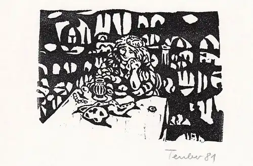 (Frau am Tisch) Original-Linolschnitt von Gottfried Teuber aus dem Buch Braunauer Sagen