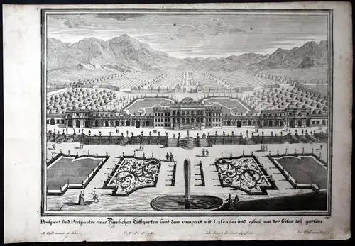 Prospect und Perspectiv eines Herrlichen Lustgarten samt dem rampart mit Cascades und gebau von der Seiten deß