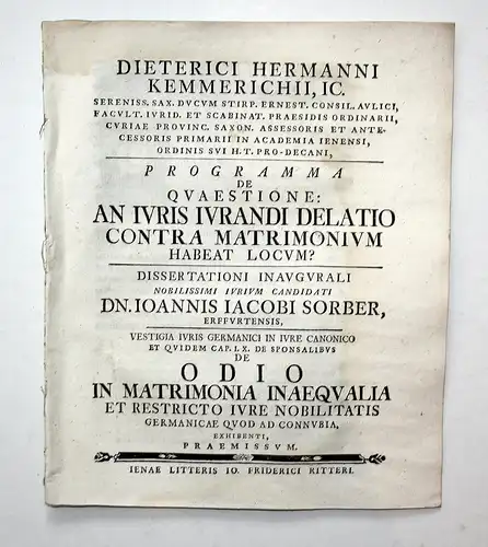 Programma de Quaestione: An Iuris Iurandi Delatio Contra Matrimonium Habeat Locum? Dissertationi Inaugurali.