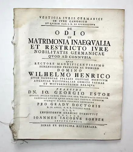 De Odio in Matrimonia Inaequalia et Restricto Iure Nobilitatis Germanicae Quod ad Connubia...