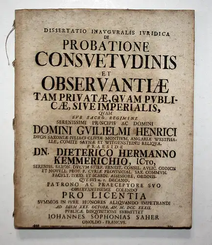 Dissertatio inauguralis iuridica de Probatione consuetudinis et Observantiae tam private, quam publicae, sive