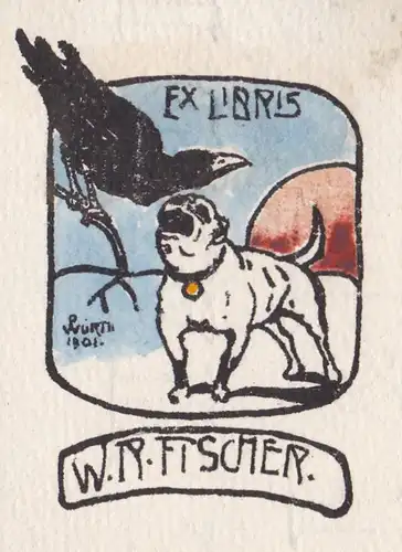 Exlibris für W. R. Fischer / Rabe Hund Mops dog Jugendstil
