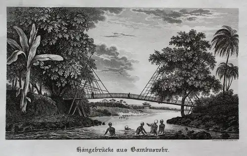 Hängebrücke aus Bambusrohr - Hängebrücke Bambus suspension bridge Stahlstich steel engraving antique print