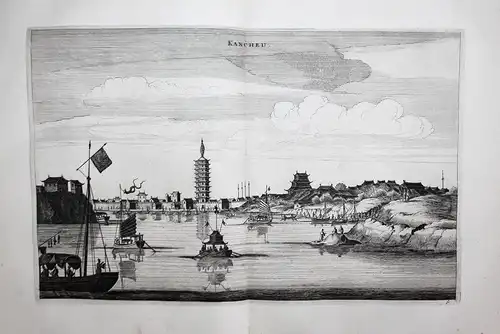 Kancheu. - Ganzhou Jiangxi city China Asia Asien Ansicht view Schiffe ships Kupferstich copper engraving antiq