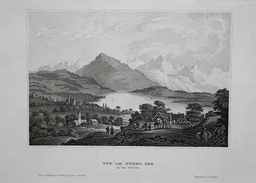 Zug am Zuger See in der Schweiz - Zugersee Zug Schweiz Svizzera Suisse Ansicht view Stahlstich steel engraving