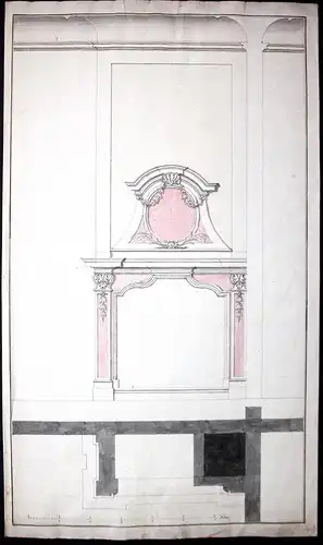 Design for a fireplace and overmantle.