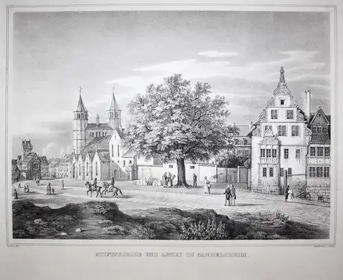 Stiftskirche und Abtey zu Gandersheim - Bad Gandersheim Kirche church Abtei Ansicht view Lithographie lithogra