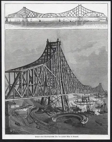 Project einer Eisenbahnbrücke über den Hudson River in Neuyork - railway bridge Hudson New York NY America Ame