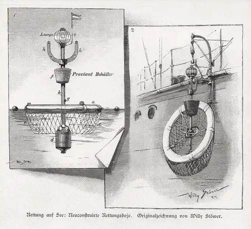 Rettung auf See: Neuconstruirte Rettungsboje. - Rettungsboje rescue buoy sea See Holzstich Holzschnitt woodcut