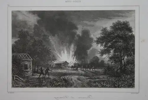 Disastre de Vioming - fire Feuer Wyoming Amerika America USA US Ansicht view Stahlstich steel engraving antiqu