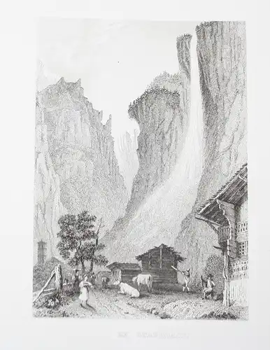 Le Staubbach - Staubachfall Lauterbrunnen Schweiz Suisse Svizzera Ansicht view Stahlstich steel engraving anti