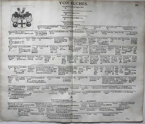 Von Buches - Wappen Stammtafel Kupferstich coat of arms family tree Genealogie genealogy Heraldik heraldry