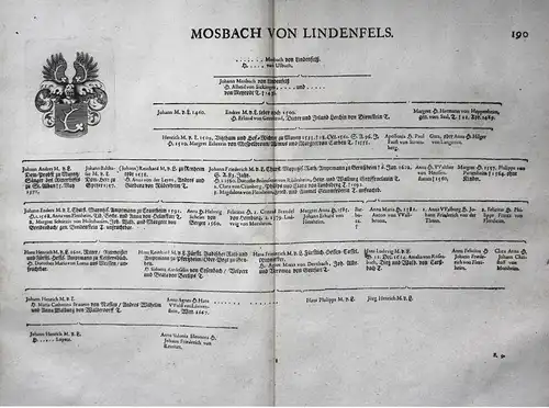 Mosbach Von Lindenfels - Wappen Stammtafel Kupferstich coat of arms family tree Genealogie genealogy Heraldik
