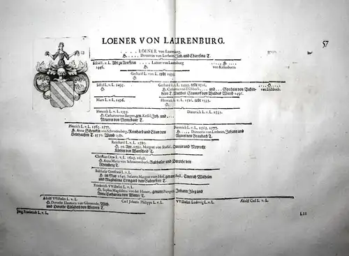 Loener Von Laurenburg - Wappen Stammtafel Kupferstich coat of arms family tree Genealogie genealogy Heraldik h