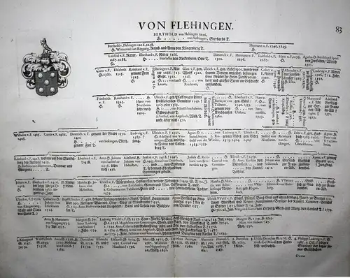Von Flehingen - Wappen Stammtafel Kupferstich coat of arms family tree Genealogie genealogy Heraldik heraldry