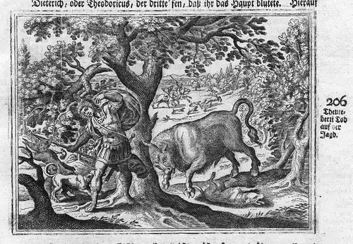 Theuteberti Tod auf der Jagd - Theuteberti Tod decesso incisione Stier bull Antike antiquity