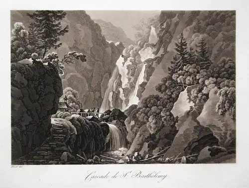 Cascade de St. Barthelemy - Königssee Wasserfall St. Bartholomä Rösel Sepia Aquatinta aquatint antique print