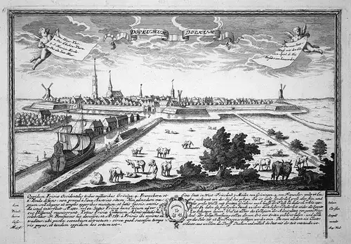 Dookumum - Dockum - Dokkum Friesland Holland Ansicht Panorama Kupferstich engraving Leopold Werner antique pri