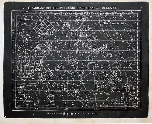 Quadrant, Bootes, Jagdhunde, Haupthaar der Berenice - Drache Jagdhunde Krone Kupferstich Himmelskarte Sternenk