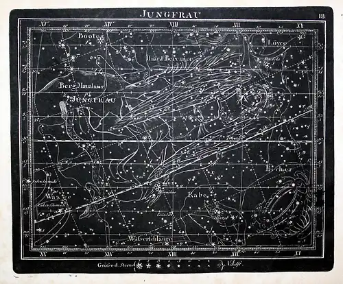 Jungfrau - Jungfrau Becher Löwe Rabe Wasserschlange Kupferstich Himmelskarte Sternenkarte Sternkarte Sternzeic