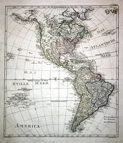 America - Amerika America Brazil Brasilien Mexico Mexiko Karte map Kupferstich copper engraving antique print