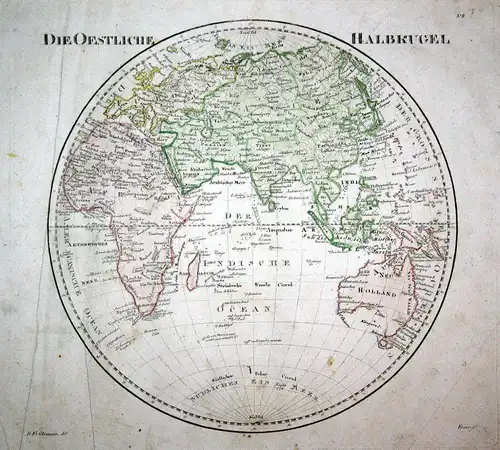 Die Oestliche Halbkugel - Halbkugel hemisphere Asien Asia Australien Australia Karte Kupferstich copper engrav