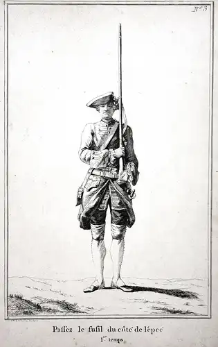 Passez le fusil du côté de lépeé - I.er temps - No. 3 - Militaria Soldat Gewehr Exerzieren Kupferstich militar