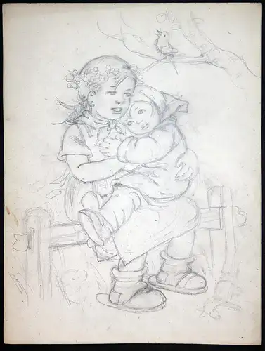Mädchen Zaun Vogel Bauernmädchen Tilly von Baumgarten Original Zeichnung