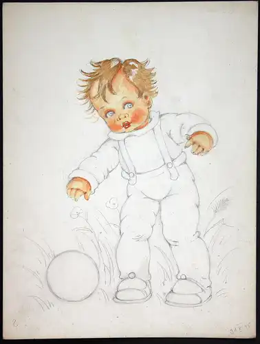 Junge Ball Wiese Blumen Spielen Tilly von Baumgarten Original Zeichnung