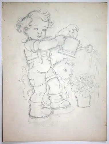 Junge gießen Gießkanne Hund Blumen Tilly von Baumgarten Original Zeichnung