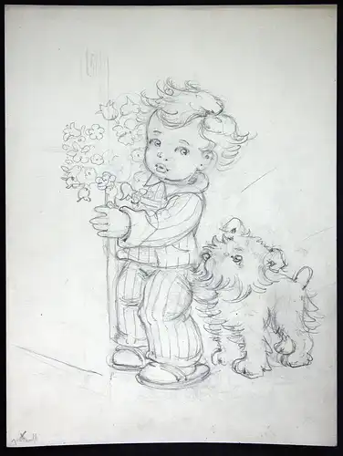 Junge Hund Blumen Tür Geschenk Tilly von Baumgarten Original Zeichnung