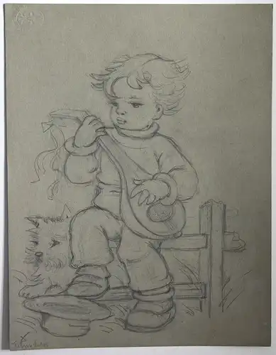 Junge Gitarre Hund Zaun Wiese Hut Tilly von Baumgarten Original Zeichnung