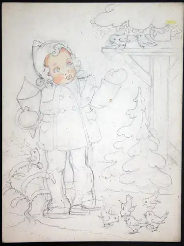 Mädchen Winter Vögel Füttern Tilly von Baumgarten Original Zeichnung