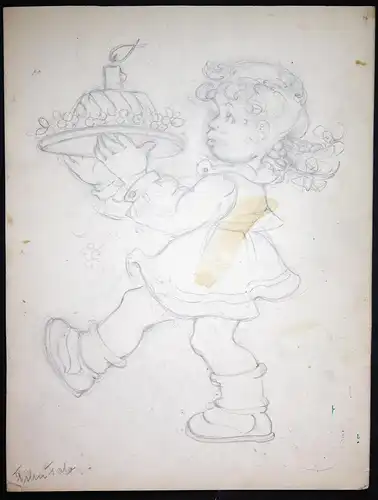 Mädchen Kuchen Kerze Geburtstag Kleid Zöpfe Tilly von Baumgarten Original Zeichnung