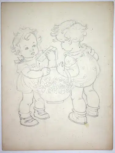 Mädchen Korb Blumen Geschenk Kleider Tilly von Baumgarten Original Zeichnung