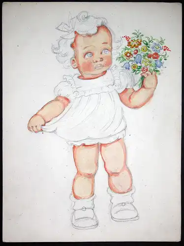 Mädchen Kleid Schleife Blumen Schuhe Tilly von Baumgarten Original Zeichnung