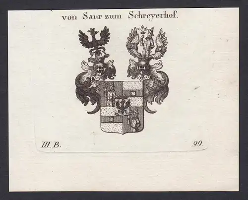 Von Saur zum Schreyerhof - Saur Sauer Schreyerhof Wappen Adel coat of arms heraldry Heraldik Kupferstich antiq