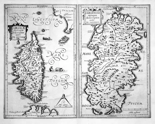 Corsicae Antiquae / Sardiniae Antiquae - Corse Corsica Sardinia Sardegna Karte map Kupferstich copper engravin