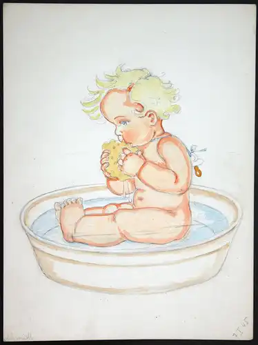 Junge Baden Schwamm Schnuller Wasser Tilly von Baumgarten Original Zeichnung
