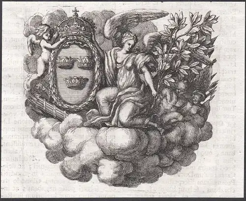 Engel angels Kronen crowns Wolken clouds Ornament ornament Kupferstich copper engraving antique print