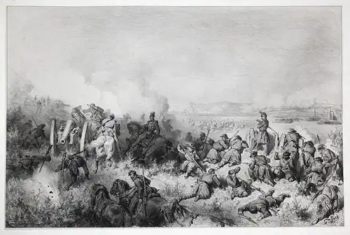 Gustave Doré battle Schlacht soldiers Soldaten Kanone cannon Lithographie lithograph antique print
