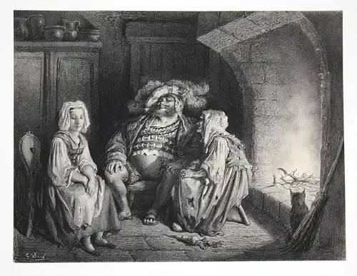 Gustave Doré Mann man Frauen women Kamin fireplace Stube room Lithographie lithograph antique print