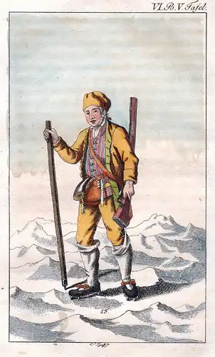 Gemsenjäger Jäger hunter Jagd hunt Tracht costume Kupferstich copper engraving antique print