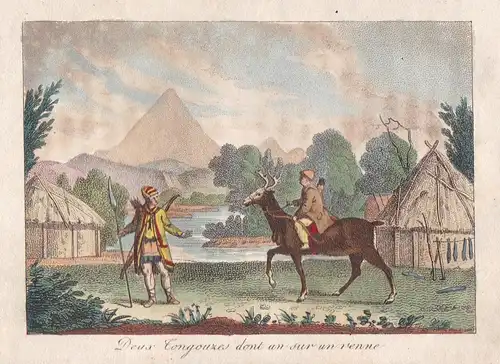 Deux Tongouzes dont an sur un renne - Tongouzes Lager camp Rentier reindeer Kupferstich copper engraving antiq