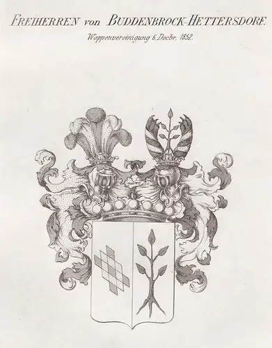 Freiherren von Buddenbrock-Hettersdorf. Wappenvereinigung 6. Decbr. 1852 - Buddenbrock Hettersdorf Wappen Adel